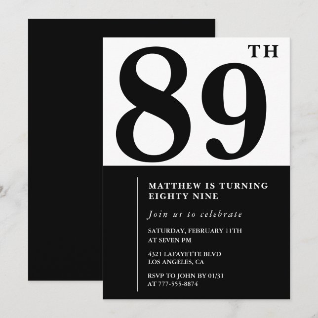 Convite de aniversário de 89 anos preto e branco c (Frente/Verso)