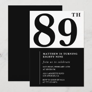 Convite de aniversário de 89 anos preto e branco C