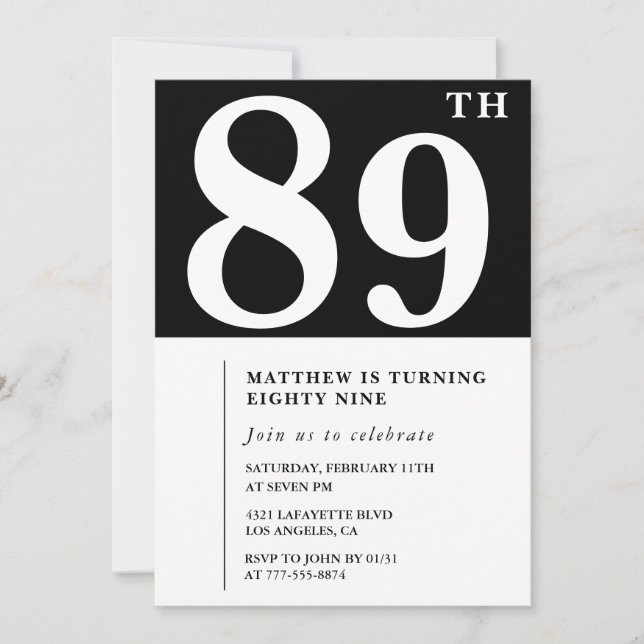 Convite de aniversário de 89 anos preto e branco e (Frente)