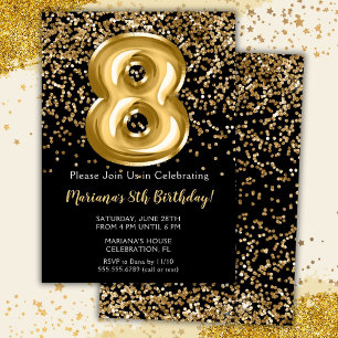 Convite de Aniversário de 8 Anos Black Gold Kids G