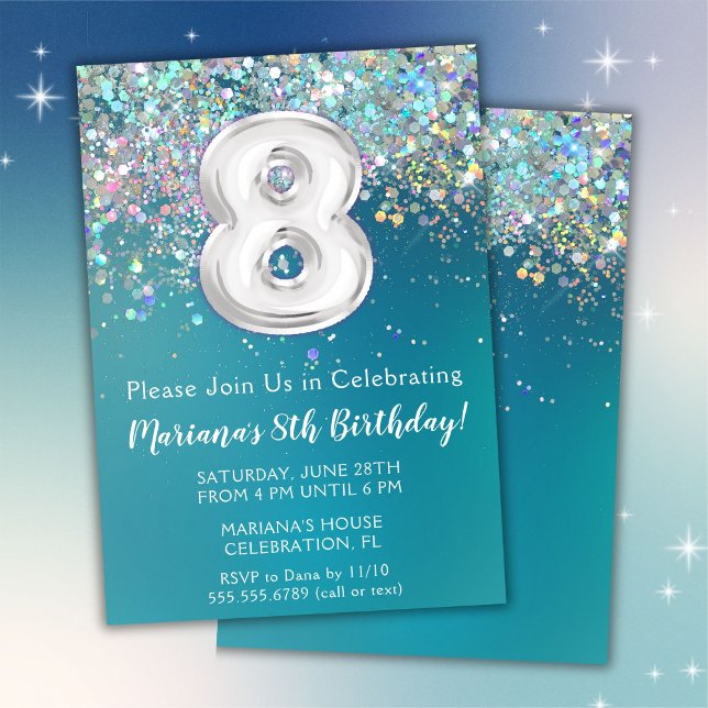 Convite de Aniversário de 8 anos Brilho Teal Prata (Criador carregado)