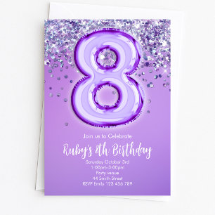 Convite de Aniversário de 8 anos com Brilho Roxo