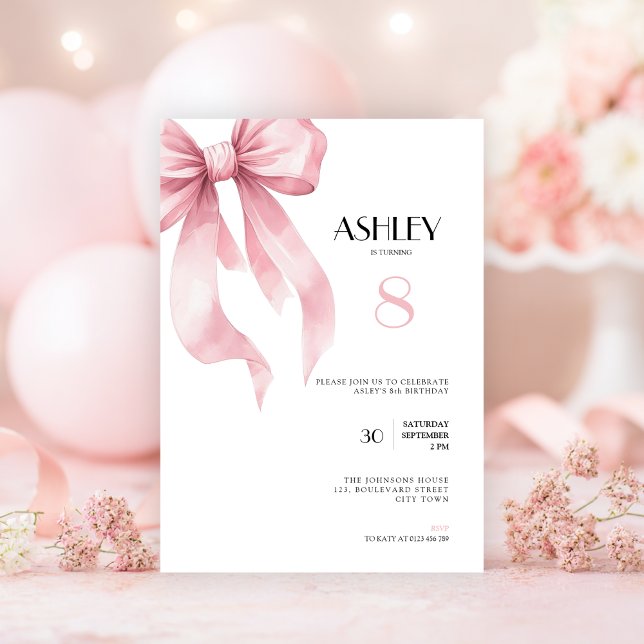 Convite de Aniversário de 8 Anos com Laço Rosa par (Pink bow coquette 8th birthday invitation for girls)