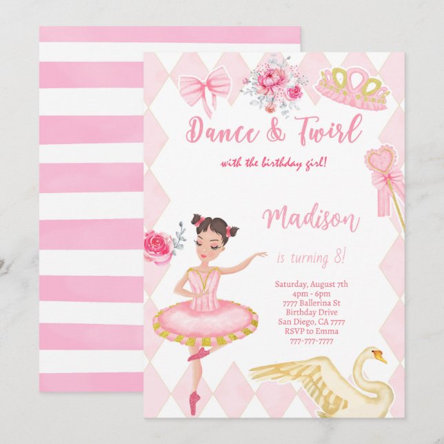 Convite de Aniversário de 8 anos de Bailarina (Frente/Verso)