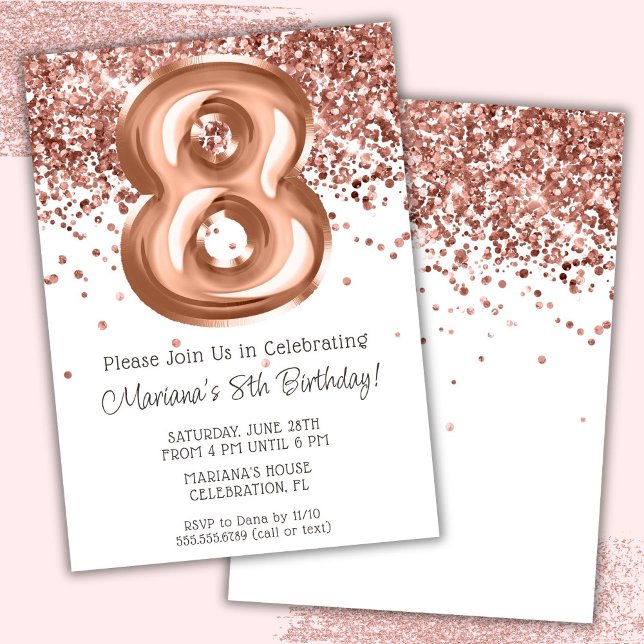 Convite de Aniversário de 8 anos em Rose Gold (Criador carregado)