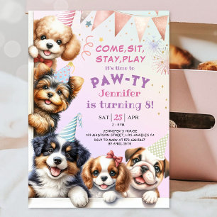 Convite de Aniversário de 8 anos Girls Puppy Pawty