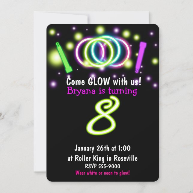 Convite de Aniversário de 8 Anos Luzes GLOW Idade  (Frente)
