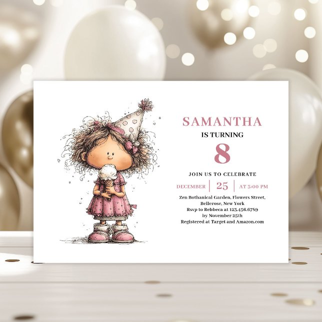 Convite de Aniversário de 8 Anos para Menina Diver (Cute Funny Girl 8th Birthday Invite Dusty Pink)