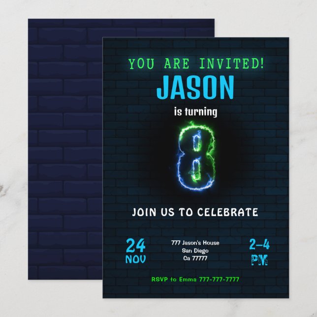 Convite de Aniversário de 8 anos para Menino (Frente/Verso)