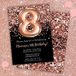 Convite de Aniversário de 8 anos Preto Rosa Dourad
