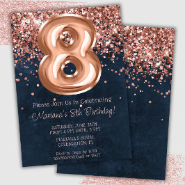 Convite de Aniversário de 8 Anos Rose Gold Azul Na