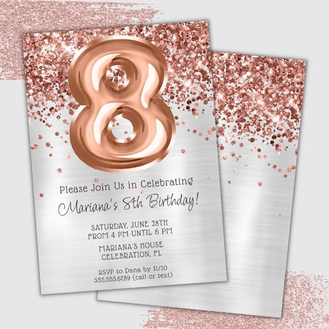 Convite de Aniversário de 8 Anos Rose Gold Silver (Criador carregado)