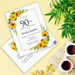 Convite de aniversário de 90<br><div class="desc">Cartão de aniversário de 90 floral amarelo bonito. Peônias amarelas e margaridas brancas se misturam com os girassóis. Um quadro retangular de ouro lhe dá uma vibração elegante. Muito fácil de personalizar. As costas têm um buquê de girassol. Isto é perfeito para uma celebração de aniversário de verão. Este item...</div>