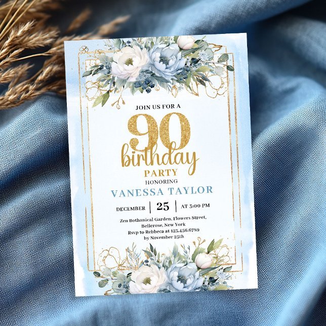 Convite de Aniversário de 90 anos Blue Eucalyptus  (Blue Eucalyptus Gold Accent 90th Birthday Invite)