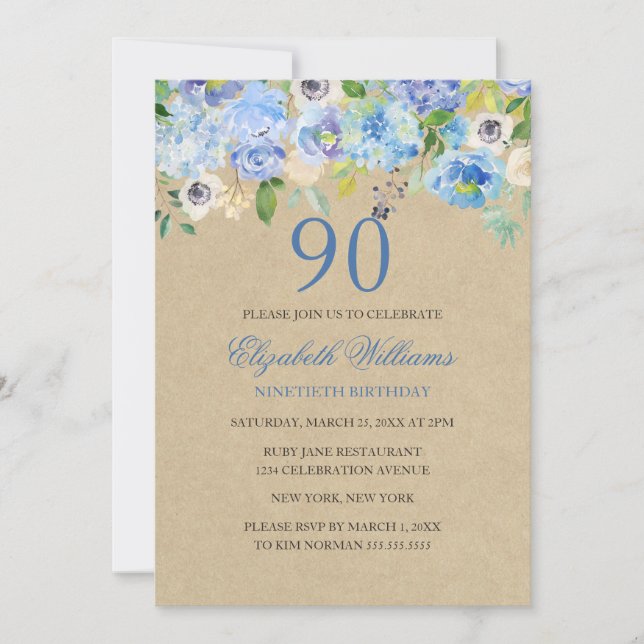Convite de Aniversário de 90 anos Blue Floral Wate (Frente)