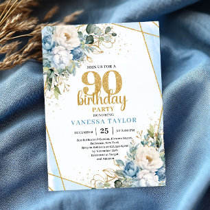 Convite de Aniversário de 90 Anos Blue Flower Gold