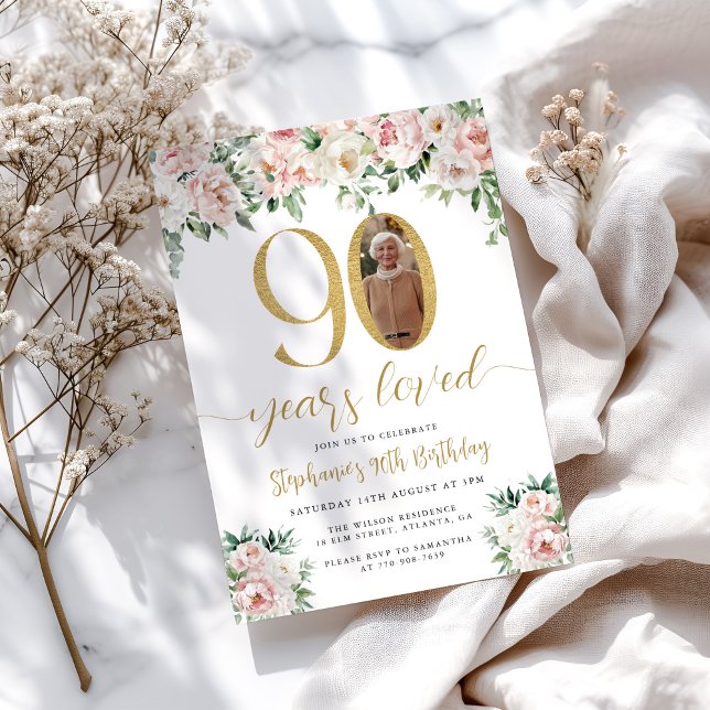 Convite de Aniversário de 90 anos Blush Pink Flora (Criador carregado)