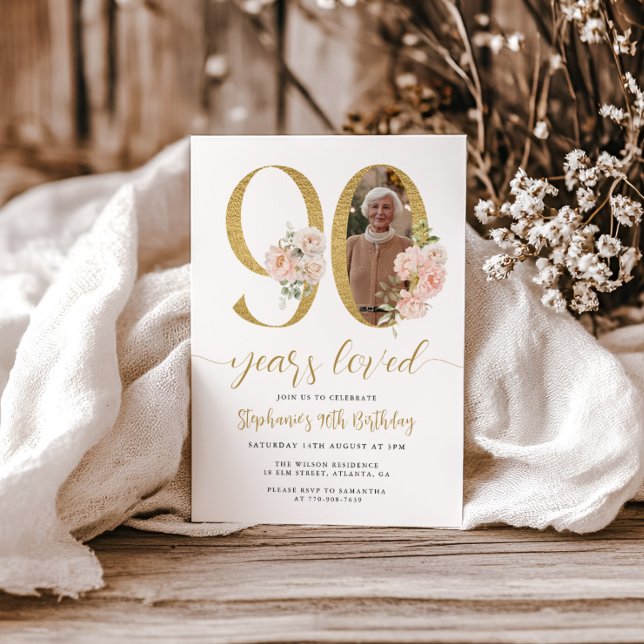 Convite de Aniversário de 90 anos Blush Pink Flora (Criador carregado)
