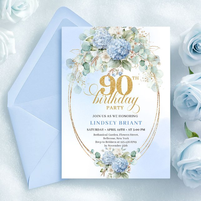 Convite de Aniversário de 90 anos Boho Floral Azul (Romantic Blue Floral Boho 90th Birthday Invitation)