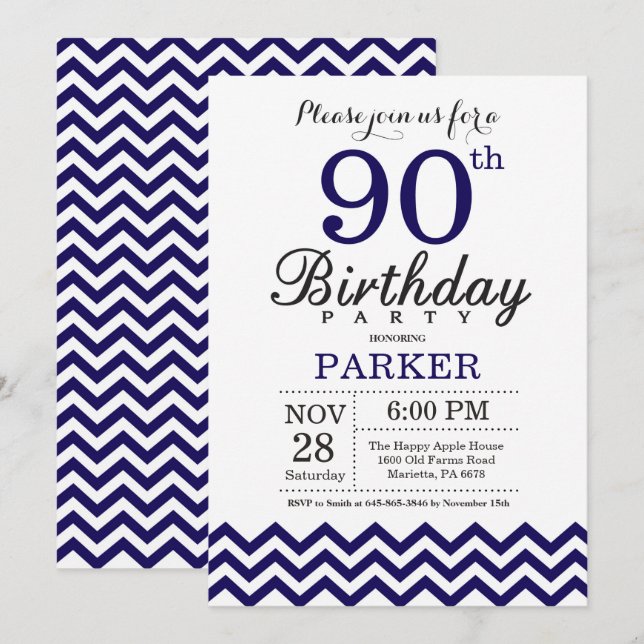 Convite de Aniversário de 90 anos Chevron Azul-Mar (Frente/Verso)