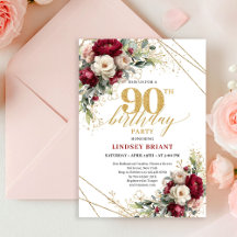 Convite de Aniversário de 90 anos Chic Deep Red Go