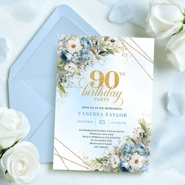 Convite de Aniversário de 90 anos Chic Dusty Blue  (Chic Dusty Blue Gold Script 90th Birthday Invite

)
