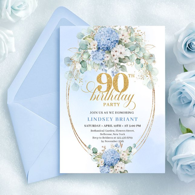 Convite de Aniversário de 90 anos Chic Pastel Azul (Chic Pastel Blue Floral 90th Birthday Invitation)