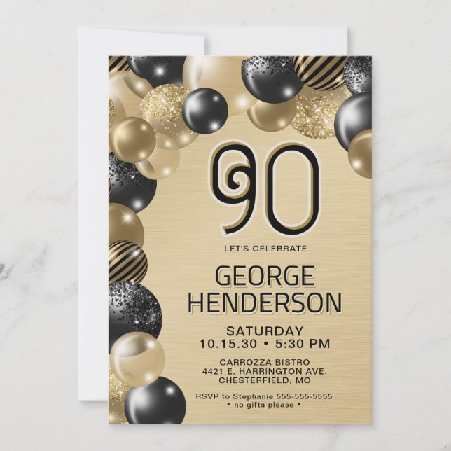 Convite de Aniversário de 90 anos com Balões Doura (Frente)