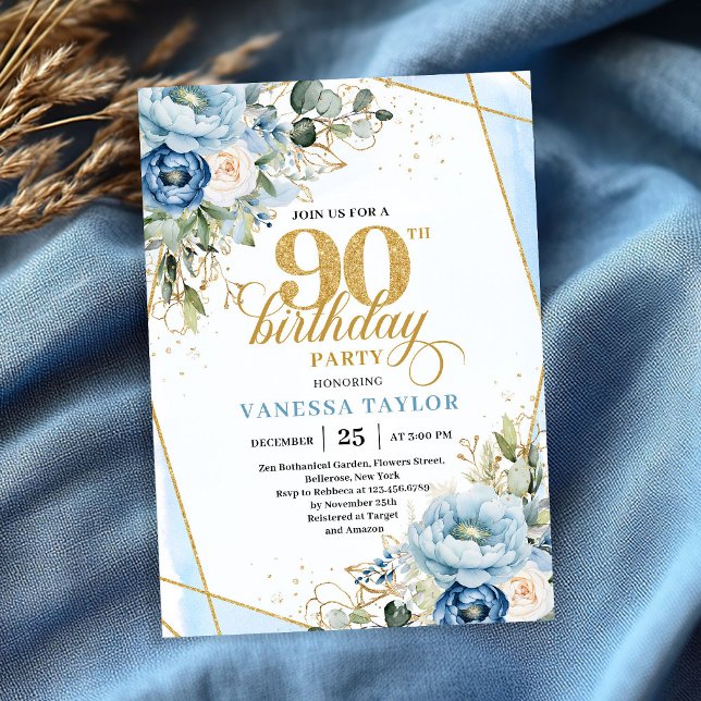Convite de aniversário de 90 anos com florais azui (Lovely pale blue gold florals 90th birthday celebration)