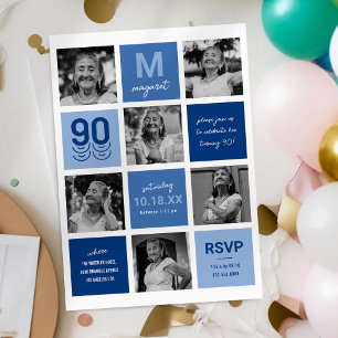 Convite de Aniversário de 90 anos com Foto Azul Mo