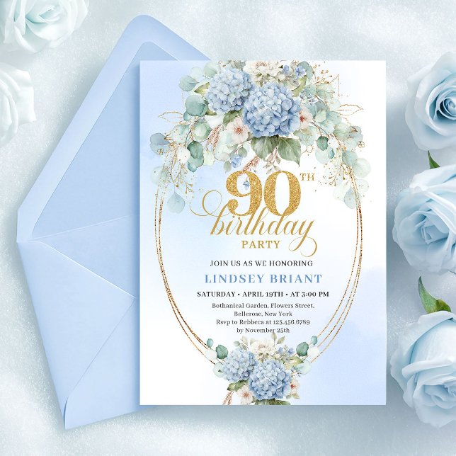 Convite de Aniversário de 90 anos com Hortênsias A (Stylish Light Blue Hydrangeas 90th Birthday Invite)