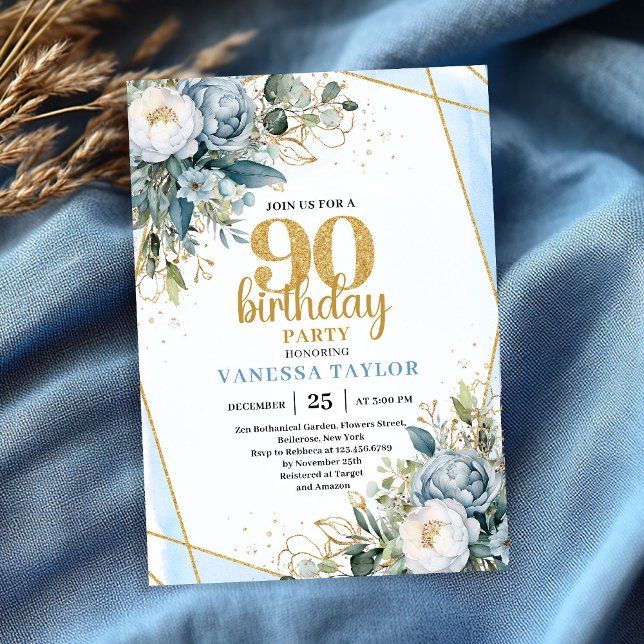 Convite de Aniversário de 90 anos com Moldura Dour (Modern Blue Floral Gold Frame 90th Birthday Invite)