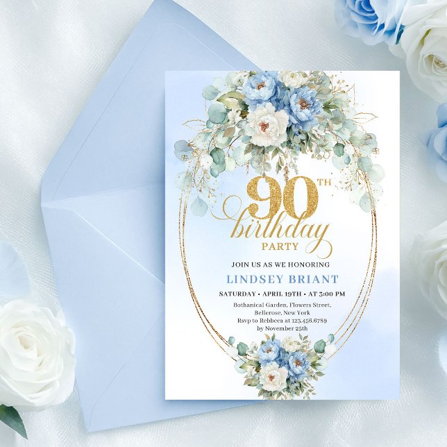 Convite de Aniversário de 90 anos com Peônias Azui (Classic Bohemian Blue Peonies 90th Birthday Invitation)