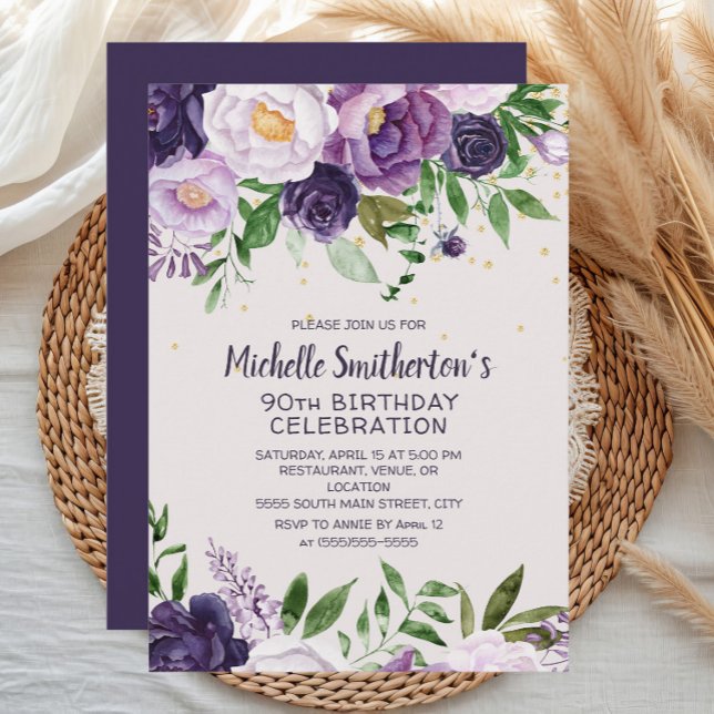 Convite de Aniversário de 90 Anos com Purpurina Fl (Purple watercolor floral women's 90th birthday party invitation)