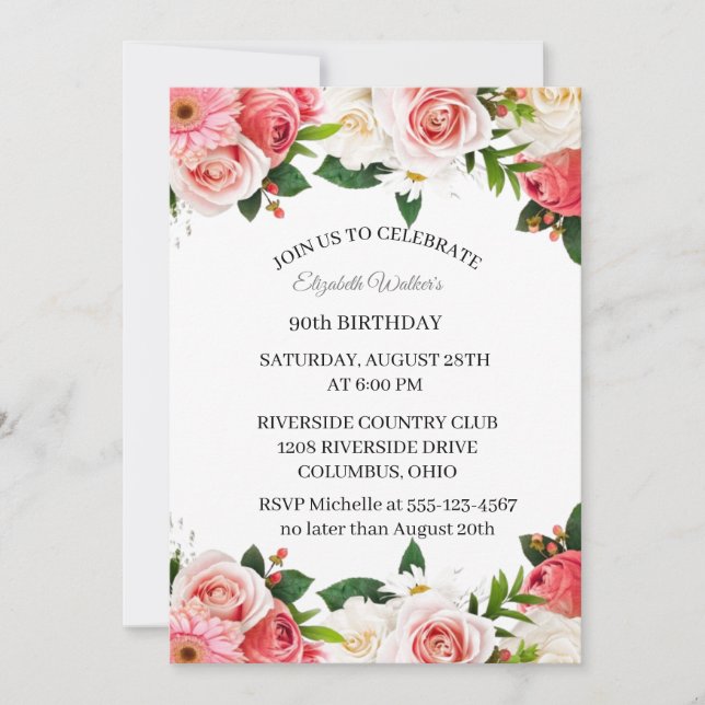 Convite de Aniversário de 90 Anos com Rosas Rosa F (Frente)