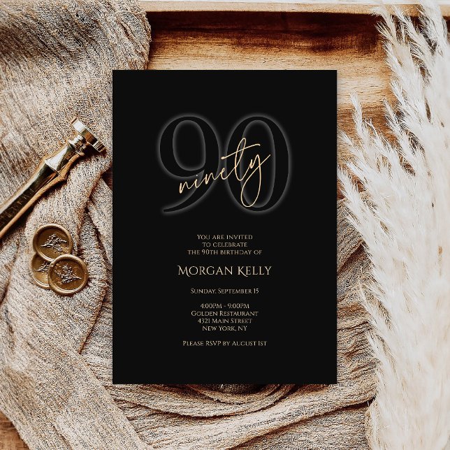 Convite de Aniversário de 90 Anos do Ouro Negro Mo (Modern Black Gold 90th Birthday Invitation Card)