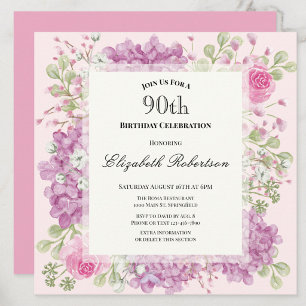 Convite de Aniversário de 90 anos Elegante Flores 