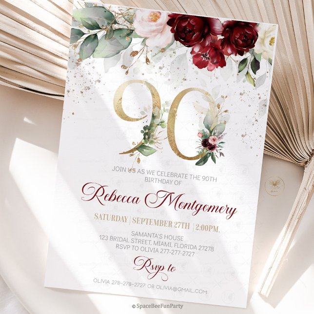 convite de aniversário de 90 anos Elegante Marco (90th birthday invitation, editable sage green invitation, elegant floral design,  year old brunch, 9)