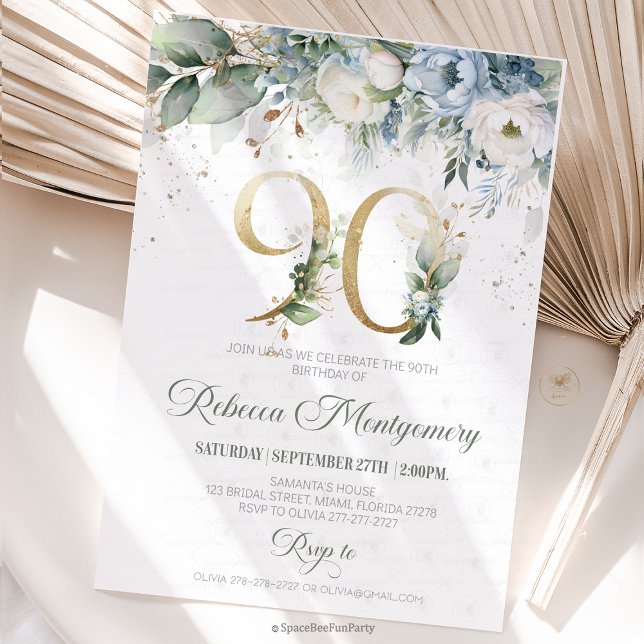convite de aniversário de 90 anos Elegante Marco (90th birthday invitation, editable sage green invitation, elegant floral design,  year old brunch, 9)