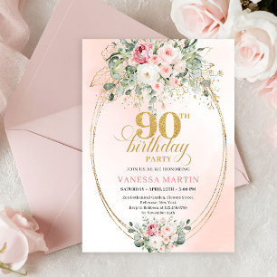 Convite de Aniversário de 90 anos Elegantes Rosas 