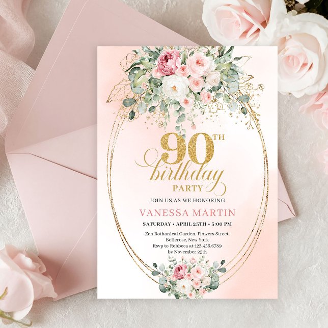 Convite de Aniversário de 90 anos Elegantes Rosas  (Elegant Blush Roses Gold Boho 90th Birthday Invitation)