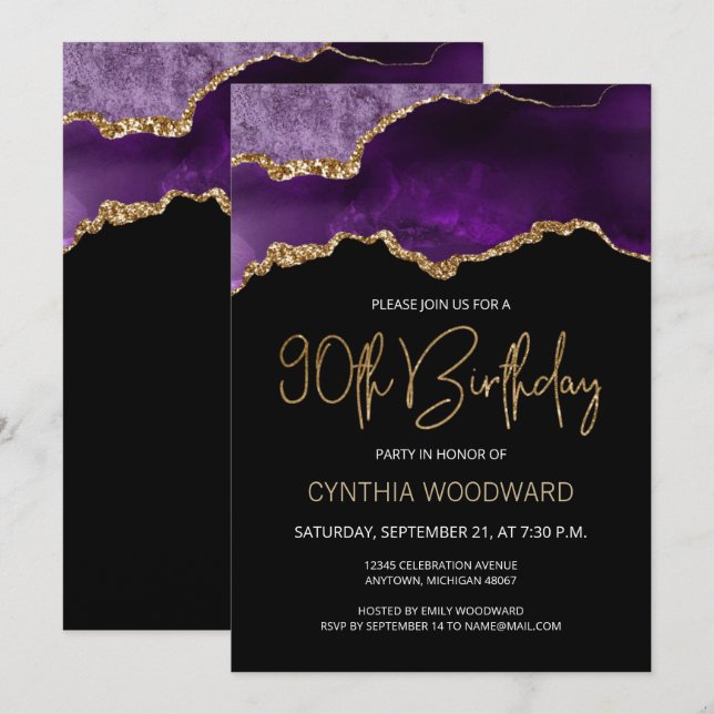 Convite de Aniversário de 90 anos em Ágata Dourada (Frente/Verso)