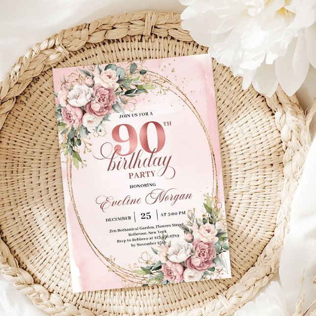 Convite de Aniversário de 90 anos em Rosa Dourado  (Classic Rose Gold Greenery 90th Birthday Invitation)