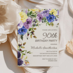 Convite de Aniversário de 90 Anos Floral Aguarela 