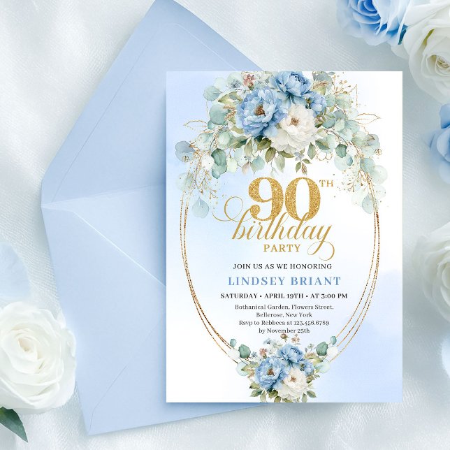 Convite de Aniversário de 90 anos Floral Azul Boho (Elegant Boho Blue Floral 90th Birthday Invitation)