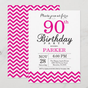 Convite de Aniversário de 90 anos Hot Pink Chevron