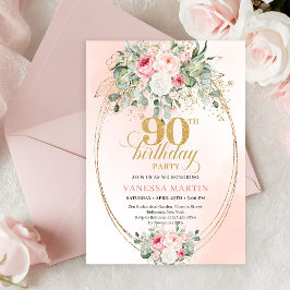 Convite de Aniversário de 90 Anos Luxo Rosa Dourad