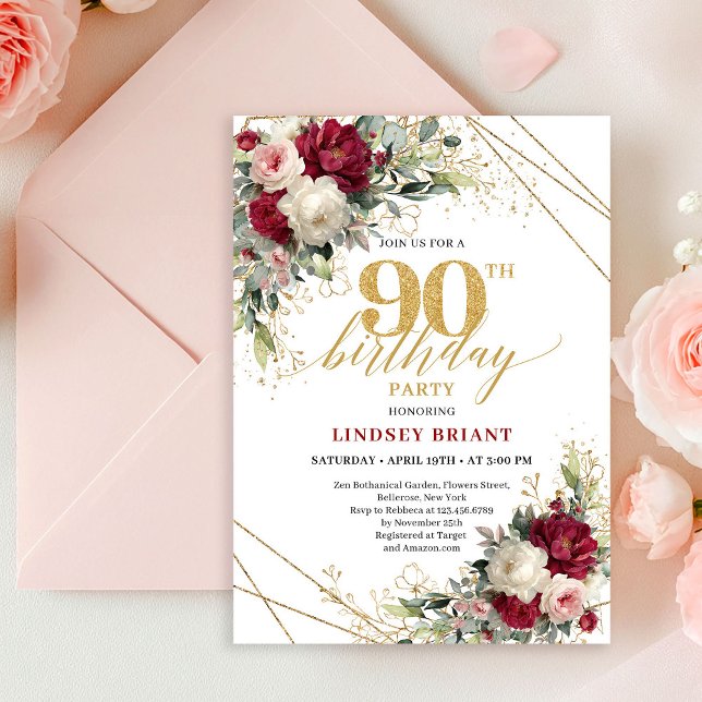 Convite de Aniversário de 90 anos Modern Marsala G (Modern Marsala Gold Floral 90th Birthday Invitation

)