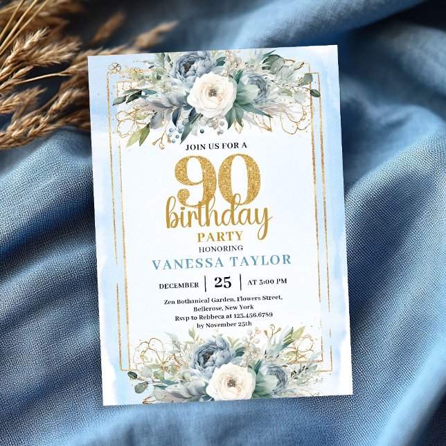 Convite de Aniversário de 90 anos Moderno em Doura (Dusty Blue Gold Frame Modern 90th Birthday Invite)