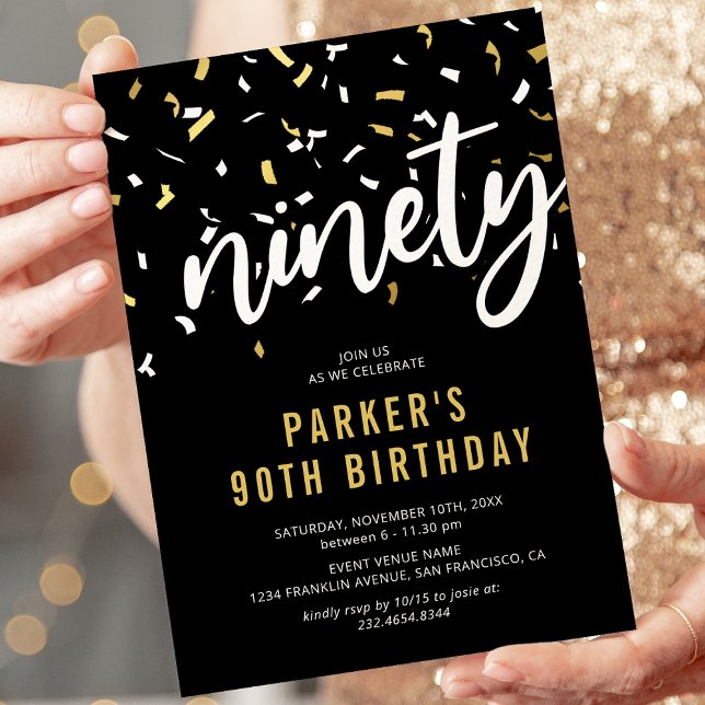 Convite de Aniversário de 90 Anos Moderno Preto e  (Criador carregado)